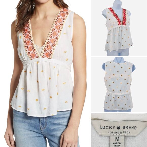 Lucky Brand Romantic Aztec Design Embroidered Babydoll Sleeveless Cotton Top - Picture 12 of 12